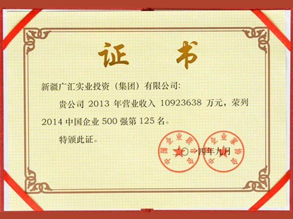 2014年中国五百强证书 广汇集团获得第125位